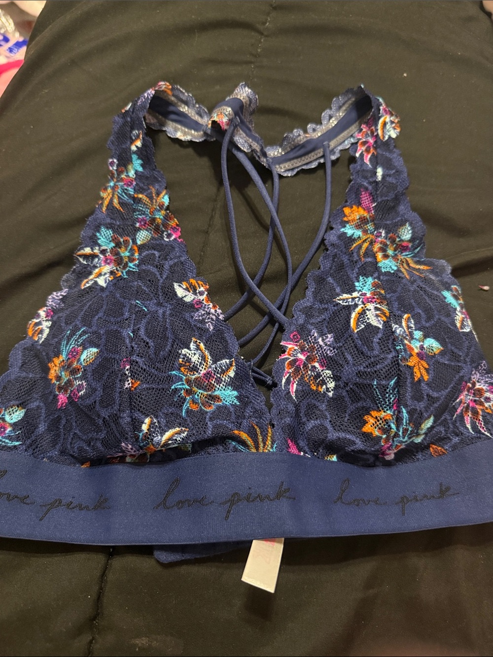 PINK Victoria's Secret Navy Floral Lace Bralette with Strappy Back